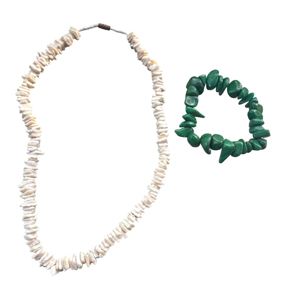Vintage White Shell Puka Necklace and Green Stone Chip Stretch Bracelet Set